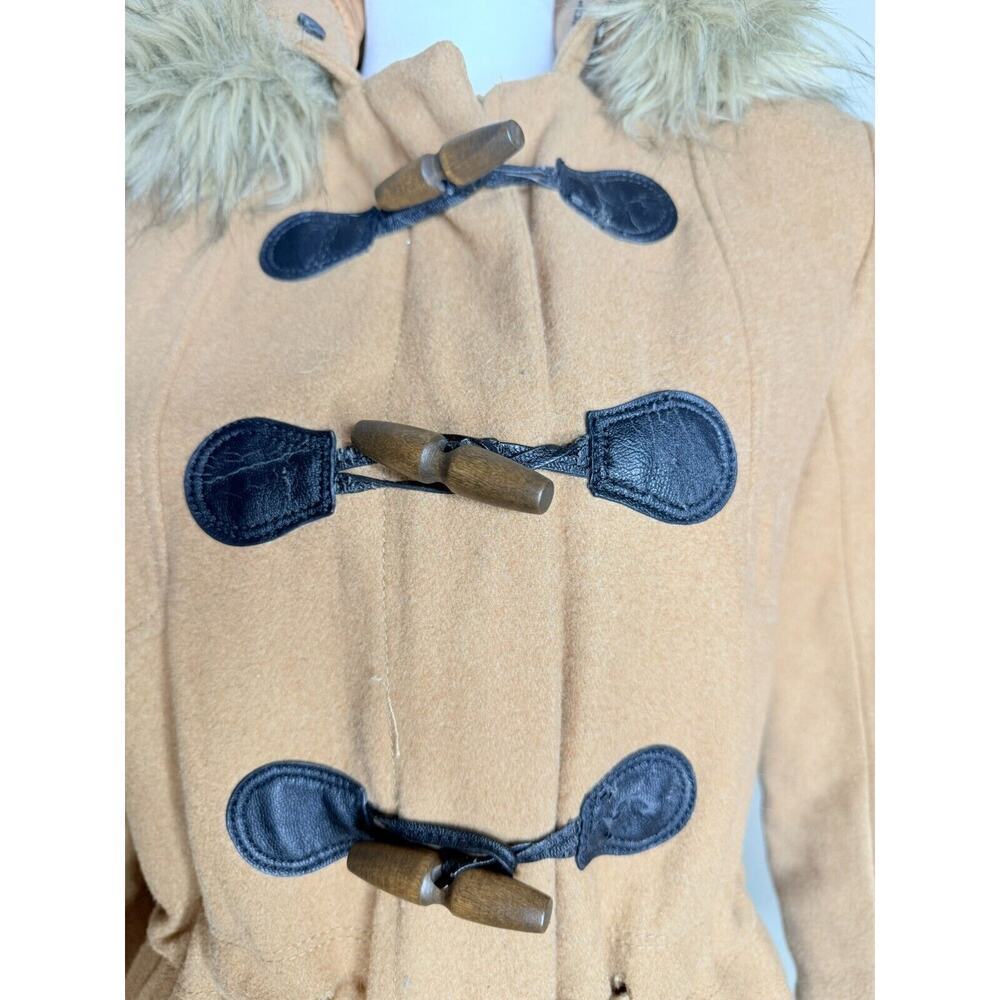 Abercrombie & Fitch Hooded Fur Trim Wool Toggle Peacoat Parka Womens M Camel Tan - Picture 5 of 13